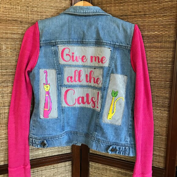 Upcycled Jean Jacket, Size Small: Patchwork Cat Graphics, Waffle Knit Sleeves - Picture 8 of 12
